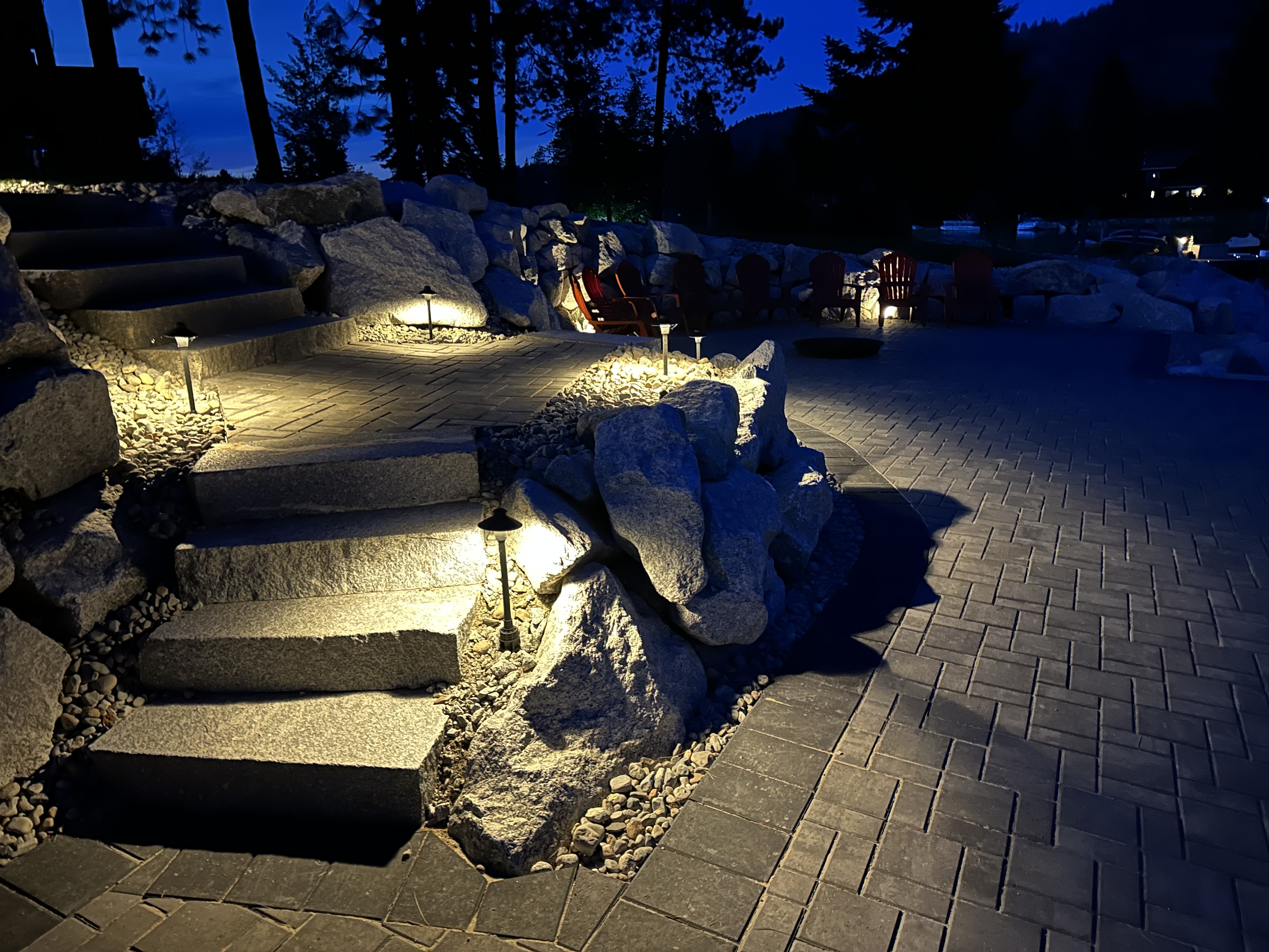 Illuminated stone steps with path lights