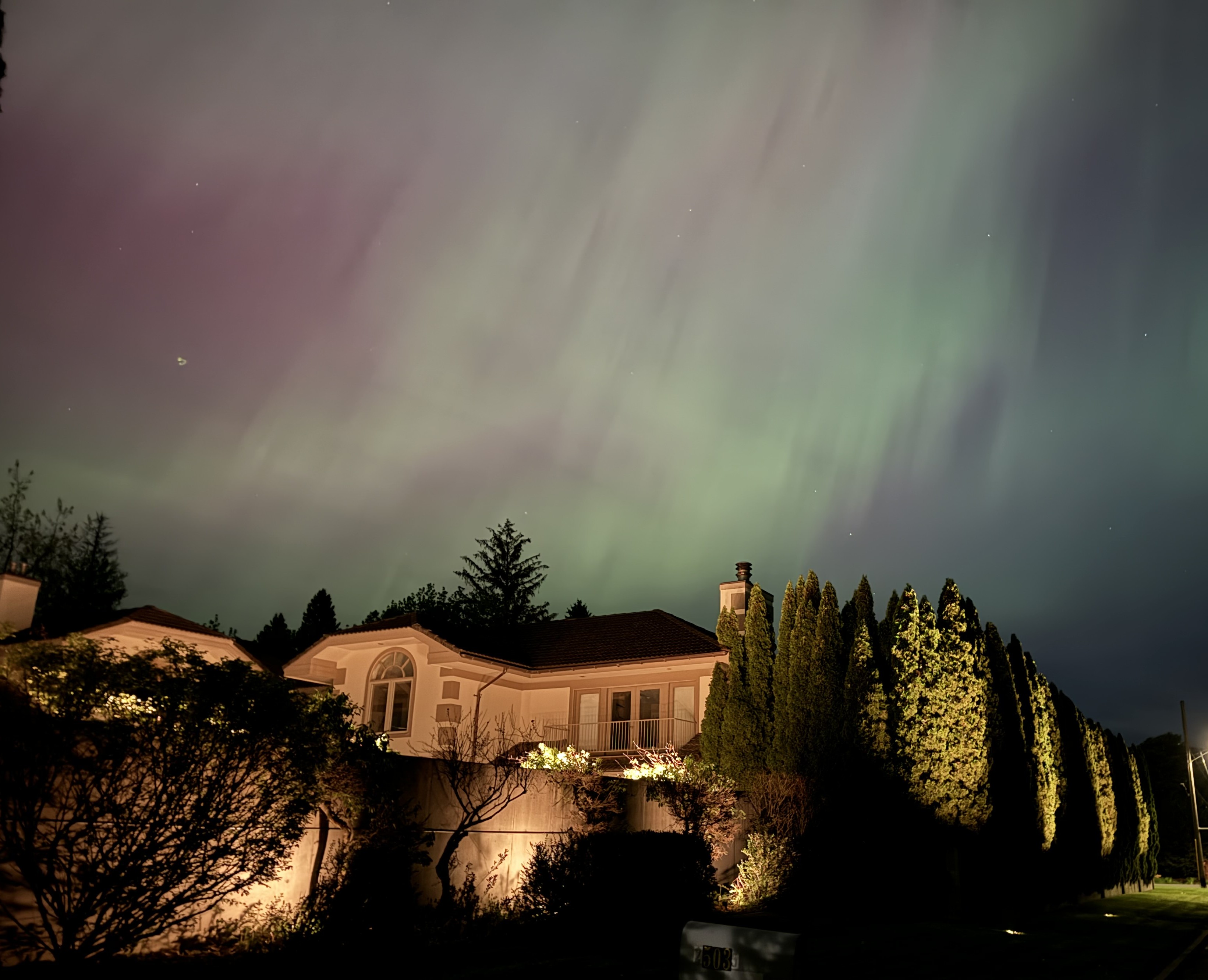 Professional landscape lighting illuminating a beautiful home at night with aurora borealis