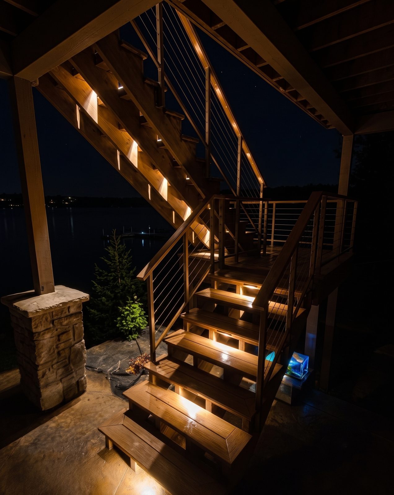 Modern staircase with warm step riser lighting and column accent — landscape lighting North Idaho