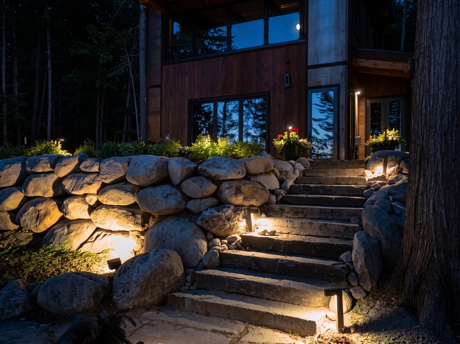 Stone retaining wall and stairway with warm amber uplighting — landscape lighting Sandpoint Idaho