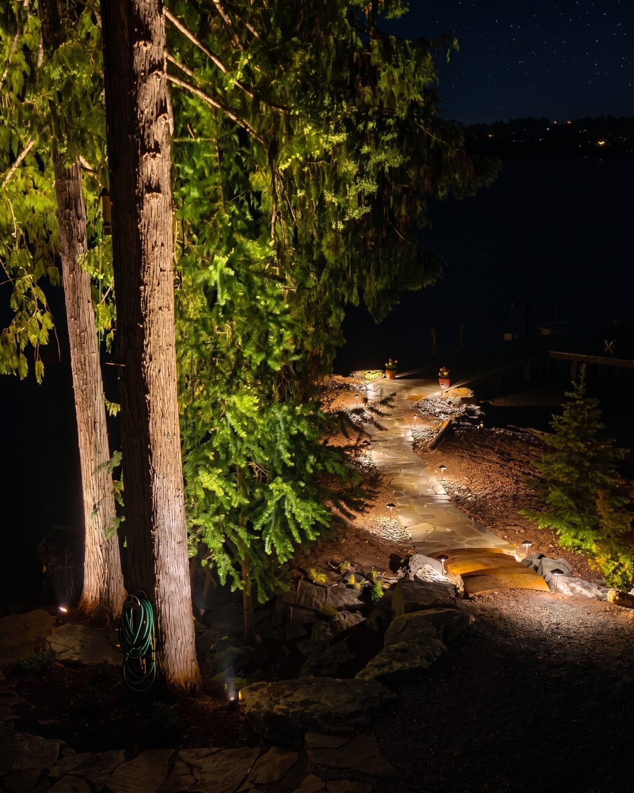 Tall pine trees with warm uplight spotlights illuminating a forest path at night — landscape lighting Idaho