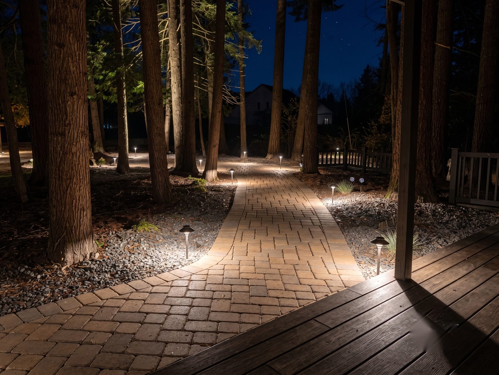 Paver walkway lined with warm bollard path lights through a wooded North Idaho property at night